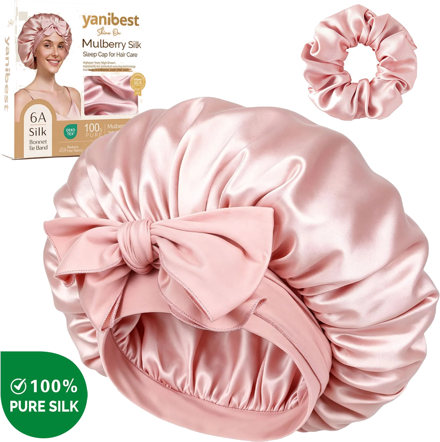 Yanibest 6A Mulberry Silk Bonnet with Tie Band